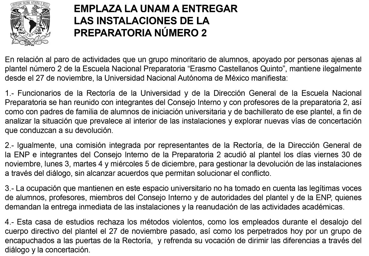 Emplaza la UNAM a entregar las instalaciones de la Prepa 2
