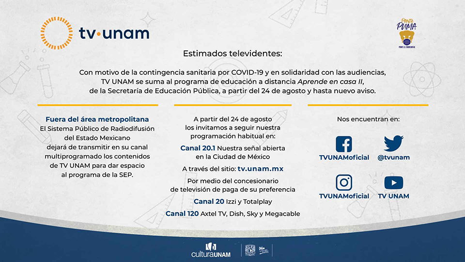 TV UNAM se suma al programa Aprende en casa II, fuera del área metropolitana